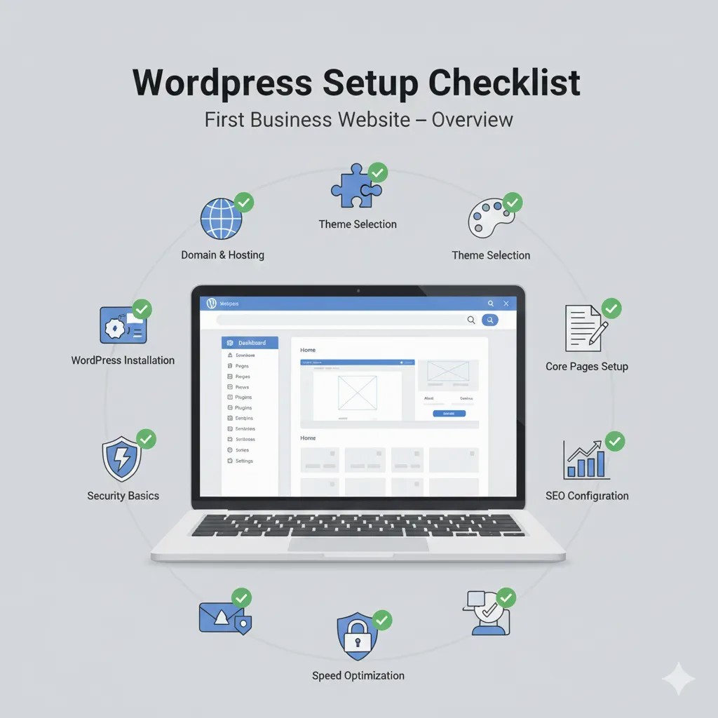 Illustration showing how to choose the right domain name and web hosting for a WordPress website, with domain address, server hosting, and WordPress platform