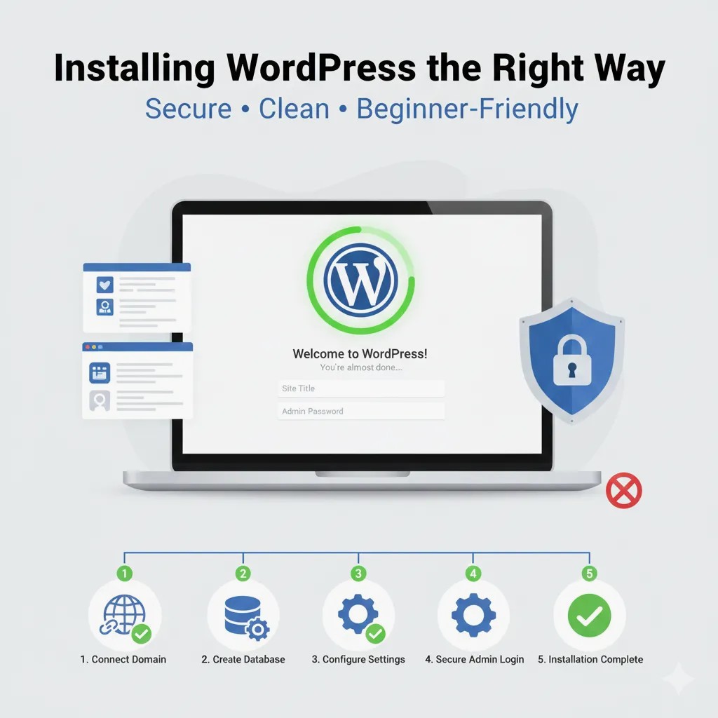 Illustration showing how to choose a professional WordPress theme for a business website, highlighting responsive design, speed, customization, and business-friendly layouts