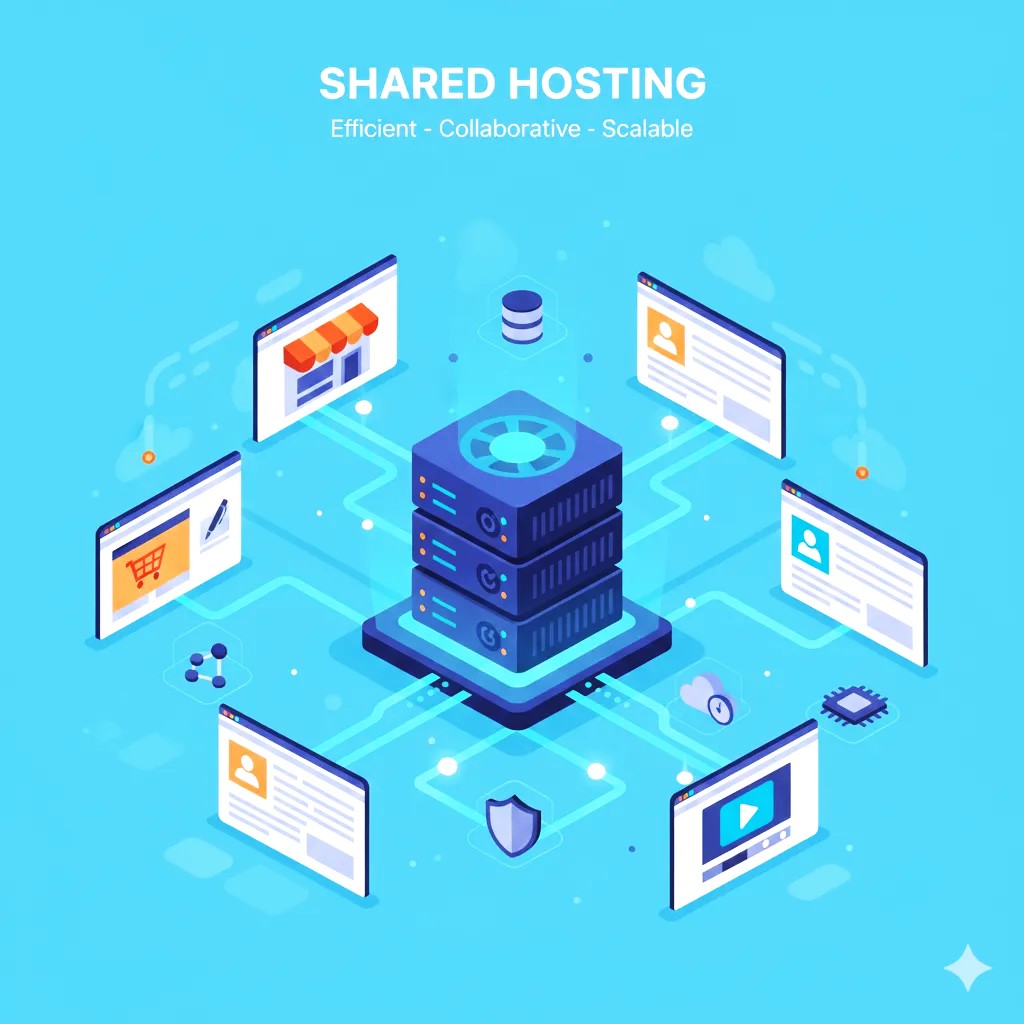 Diagram showing shared hosting multiple websites on a single server