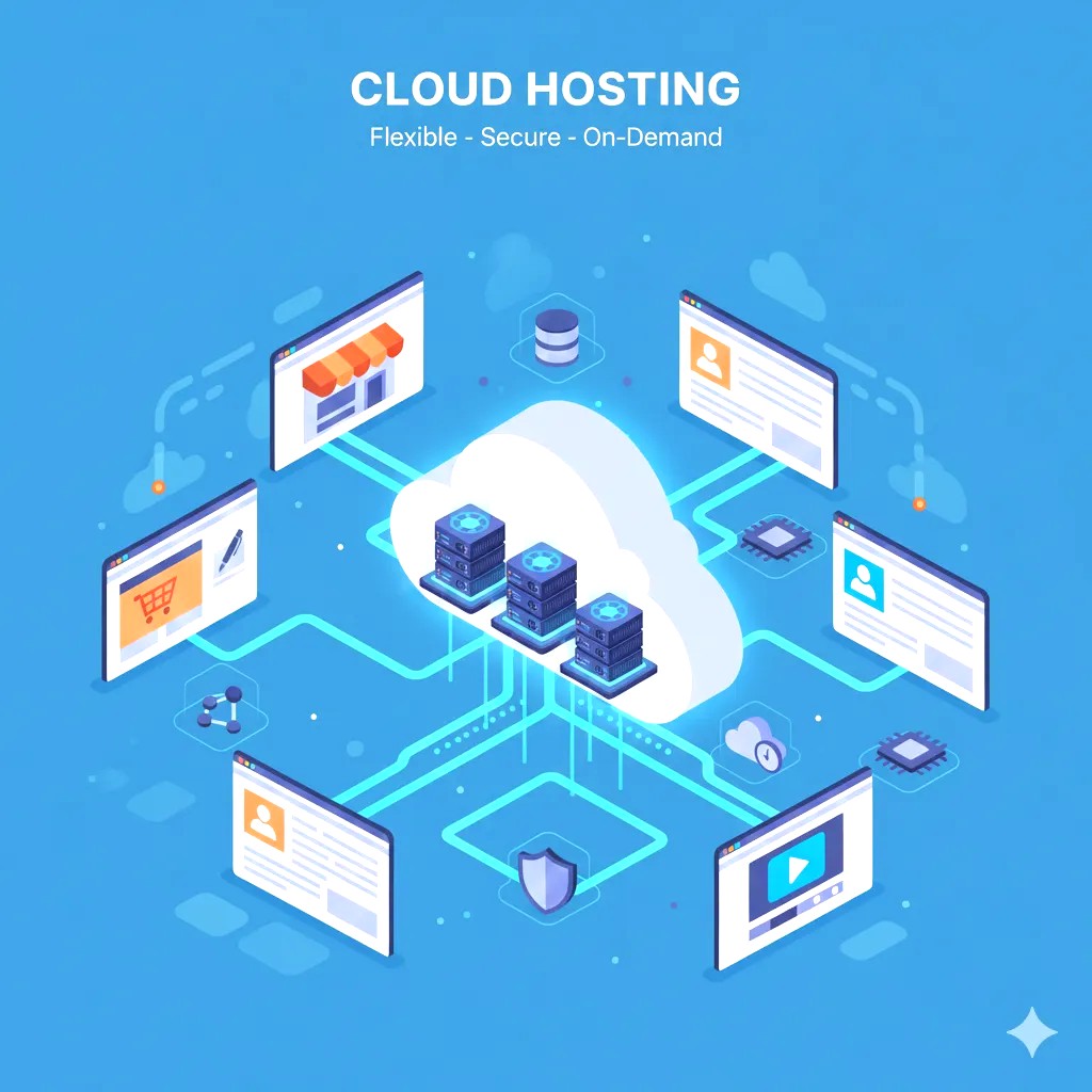 Cloud hosting setup with multiple servers providing scalable resources for websites