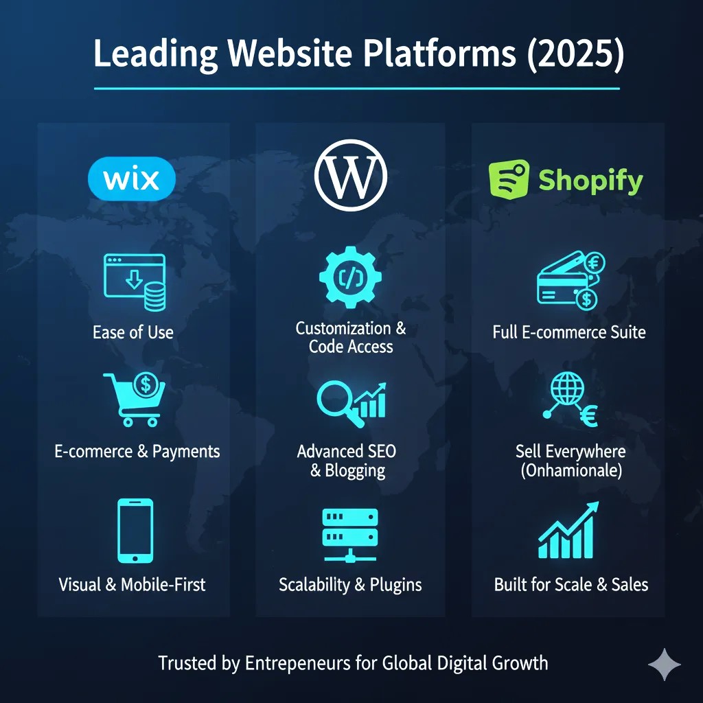 Overview of Wix, WordPress, and Shopify platforms in 2025
