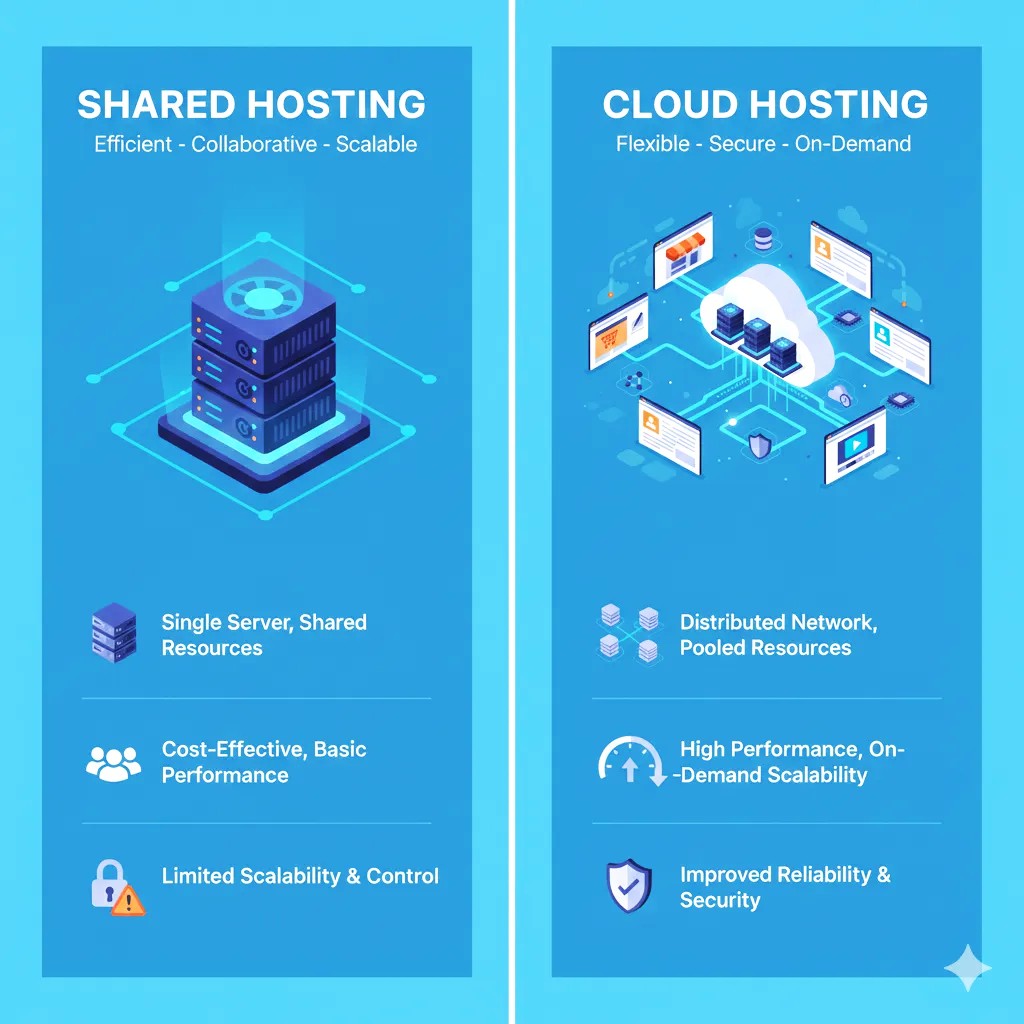 Comparison chart highlighting differences between cloud hosting and shared hosting