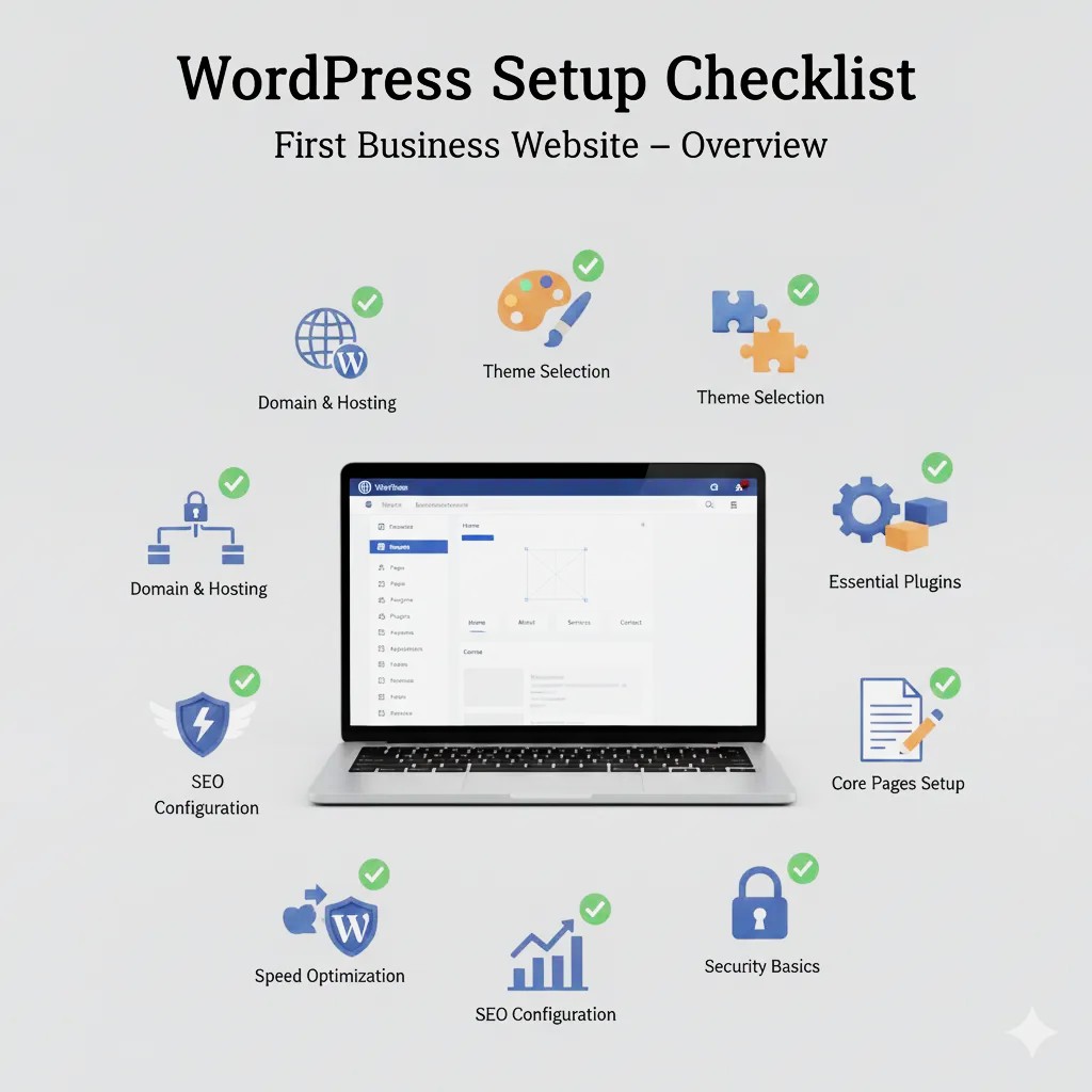 Overview illustration of a WordPress setup checklist showing domain setup, theme selection, plugins, pages, security, speed, and SEO for a first business website
