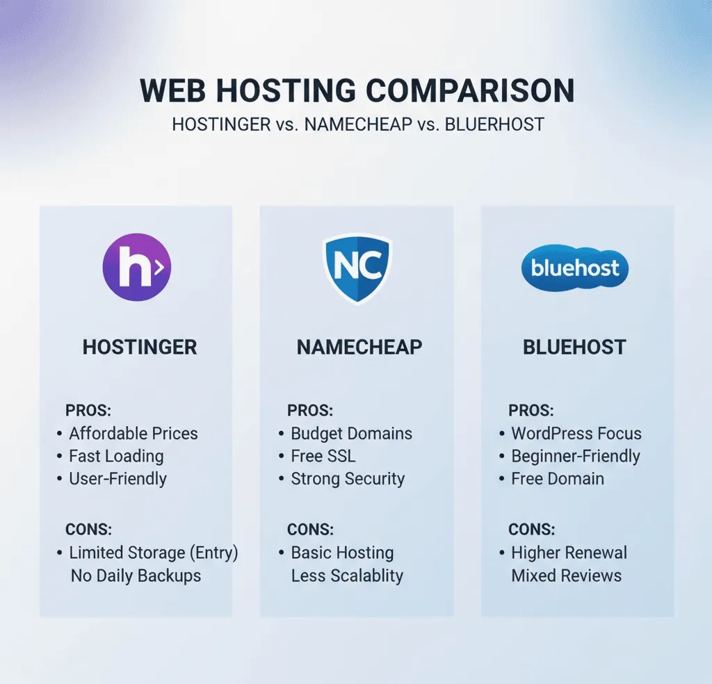 “Quick comparison of Hostinger, Namecheap, and Bluehost hosting providers.”